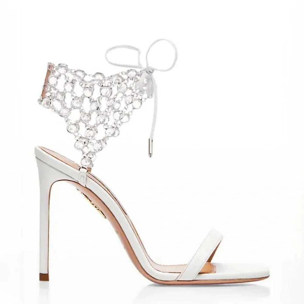 Aquazzura White Crystal Web Leather Ankle-Tie Leather Stiletto Sandal US…